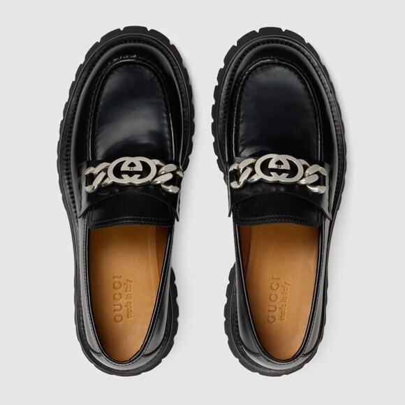 Gucci Interlocking G Chain 10.5/ US 11 Loafers Black Leather Lug Sole Shoes NIB - Picture 4 of 16
